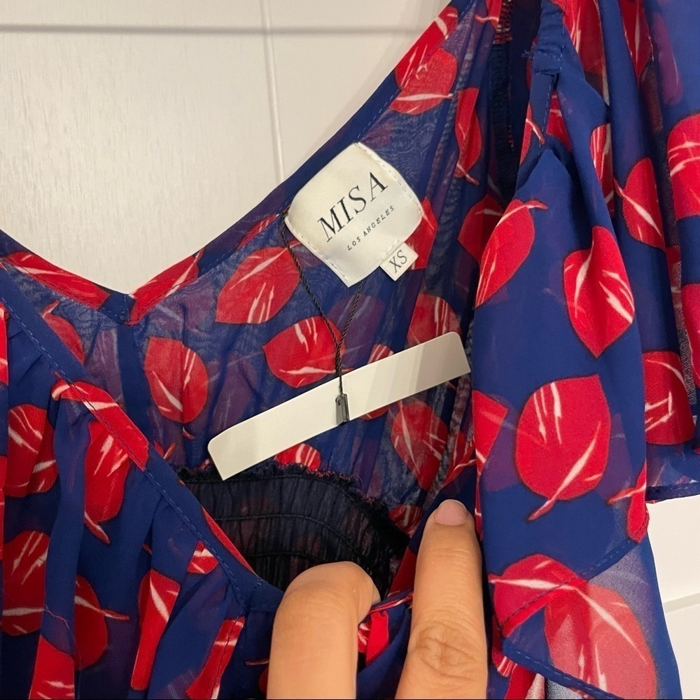 NWT MISA LOS ANGELES Blue Leaf Print Layered Tiered Ruffle Asymmetrical Dress - Picture 4 of 10